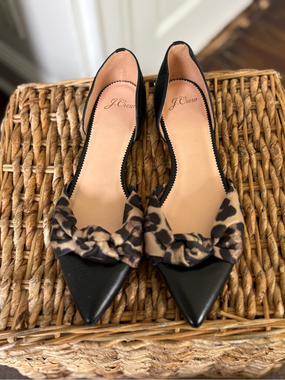 J. Crew Black Pointed Flats with Leopard Bow Accent